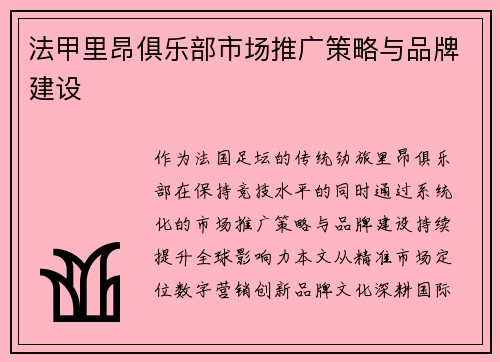法甲里昂俱乐部市场推广策略与品牌建设